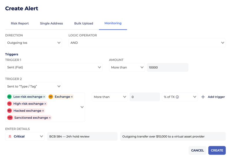 Create Alert form: outgoing transfers over 10,000 sent to exchanges of any risk level, critical priority
